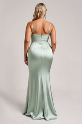 Salbeigrünes Plus Size Satin Langes Brautjungfernkleid mit Schlitz